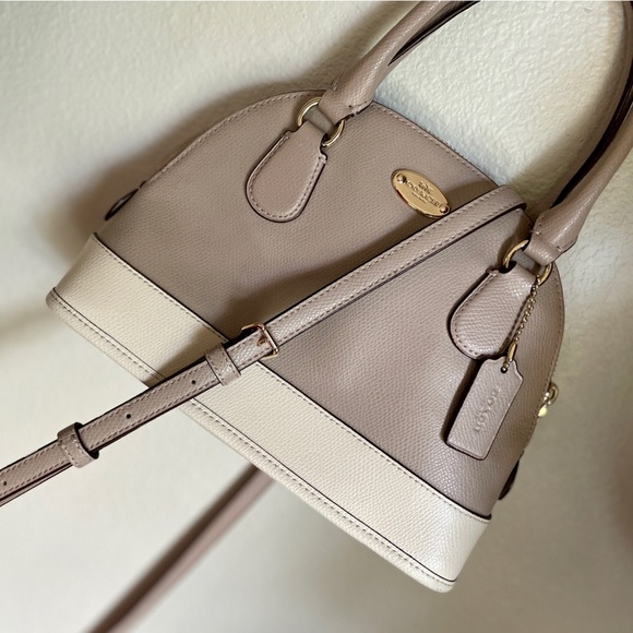 COACH Mini Cora Dome Satchel – Colorblock Taupe/Cream | Pebbled (Grain) Leather - Picture 3 of 15
